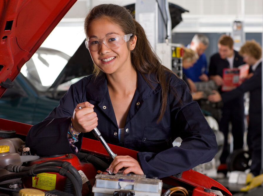 A,Horizontal,View,Of,A,Young,Girl,In,Mechanic,Uniform